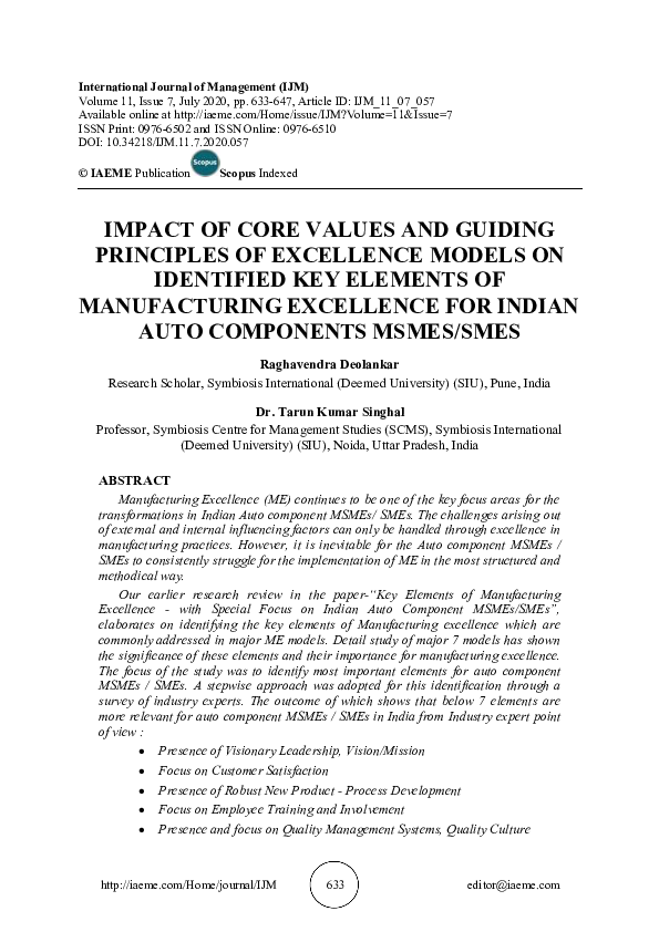 (PDF) IMPACT OF CORE VALUES AND GUIDING PRINCIPLES OF EXCELLENCE MODELS ...