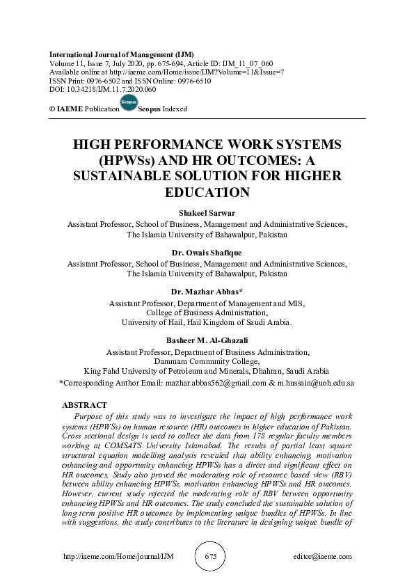 (PDF) HIGH PERFORMANCE WORK SYSTEMS (HPWSs) AND HR OUTCOMES: A ...