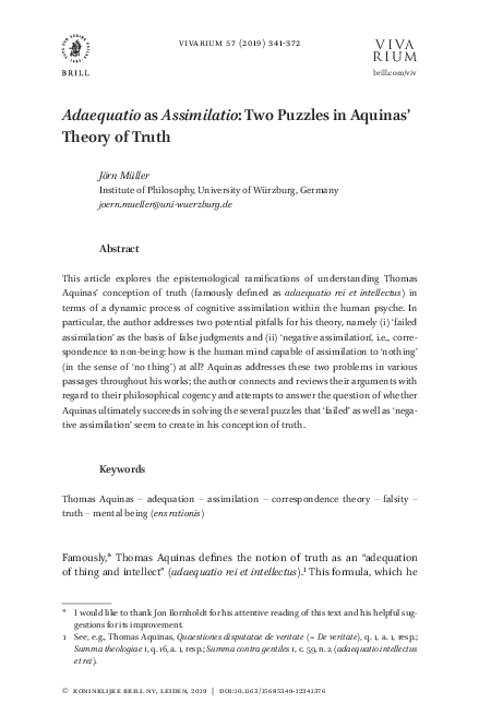 (PDF) Adaequatio as Assimilatio: Two Puzzles in Aquinas’ Theory of Truth