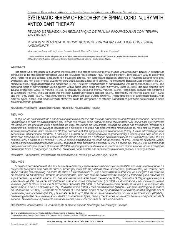(PDF) Systematic Review of Recovery of Spinal Cord Injury with ...
