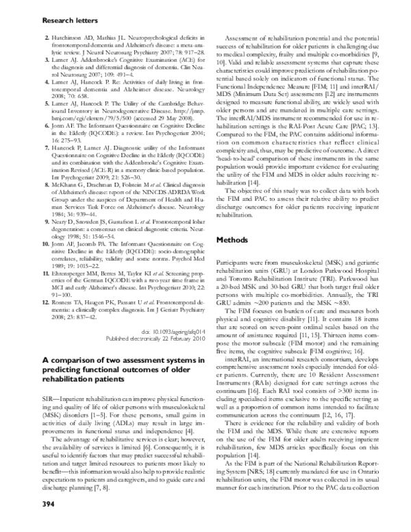 (PDF) A comparison of two assessment systems in predicting functional ...