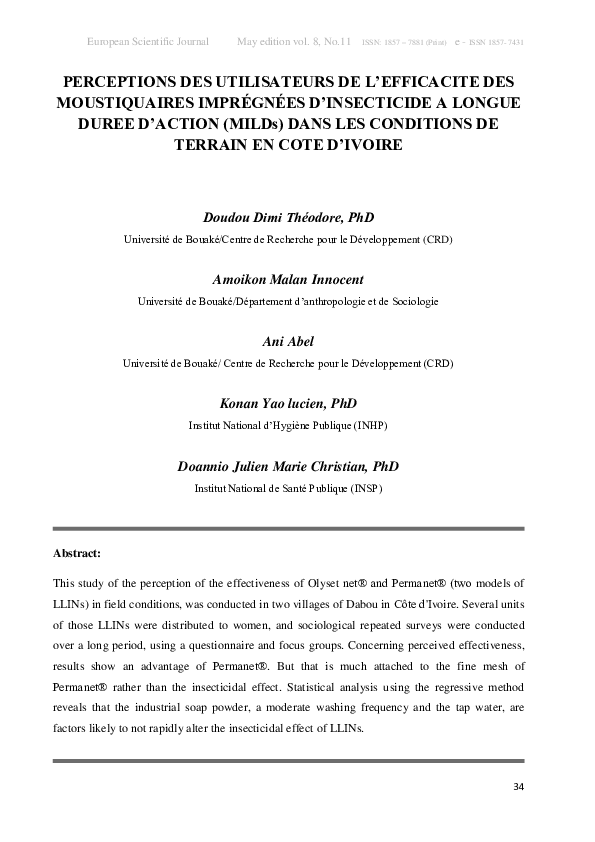 (PDF) PERCEPTIONS DES UTILISATEURS DE L’EFFICACITE DES MOUSTIQUAIRES — free download