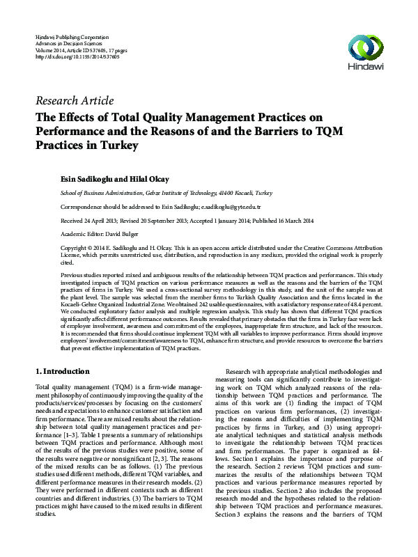 (PDF) The Effects of Total Quality Management Practices on Performance ...