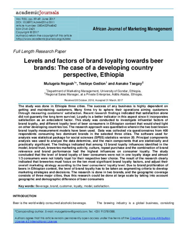 (PDF) Levels and factors of brand loyalty towards beer brands: The case ...