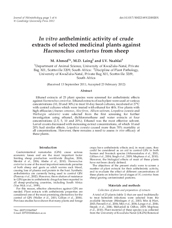 (PDF) In vitro anthelmintic activity of crude extracts of selected ...
