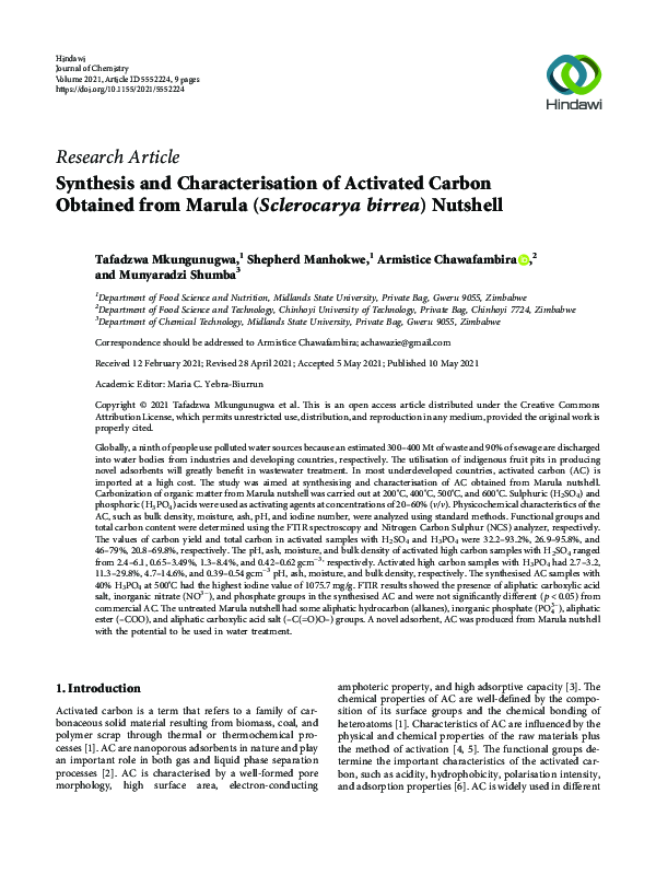 (PDF) Synthesis and Characterisation of Activated Carbon Obtained from ...