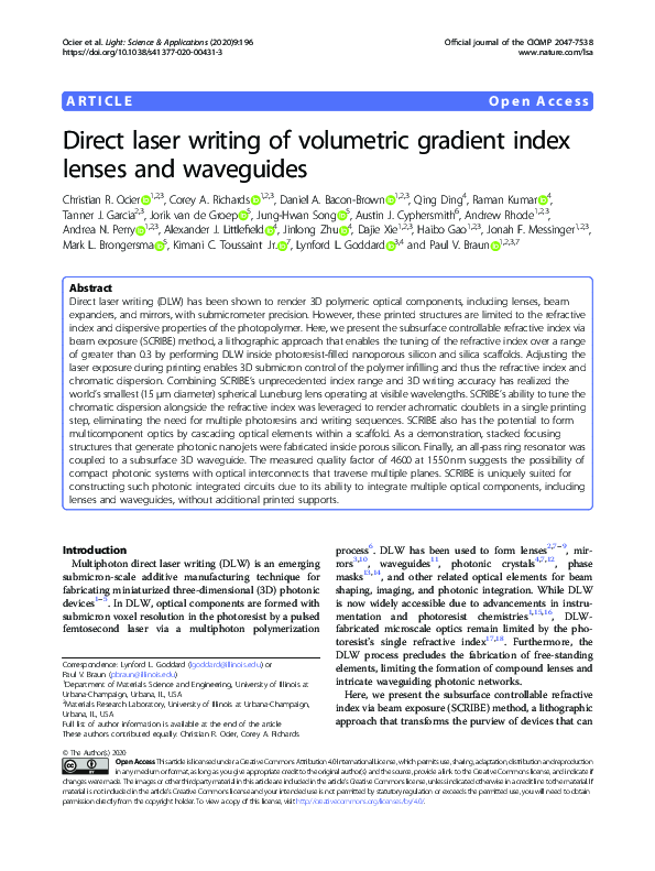 (PDF) Direct laser writing of volumetric gradient index lenses and