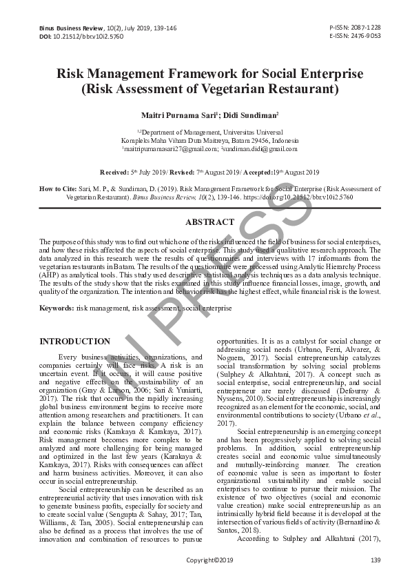 (PDF) Risk Management Framework for Social Enterprise (Risk Assessment ...