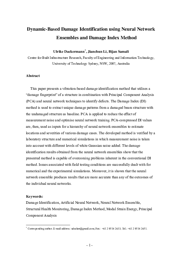 (PDF) DynamicBased Damage Identification Using Neural Network