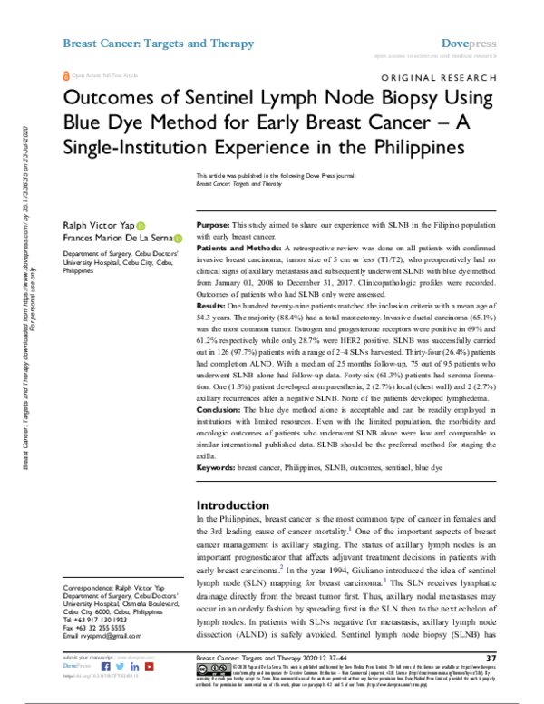 (PDF) Outcomes of Sentinel Lymph Node Biopsy Using Blue Dye Method for ...