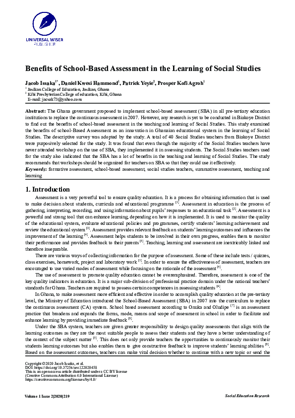 (PDF) Benefits of School-Based Assessment in the Learning of Social Studies