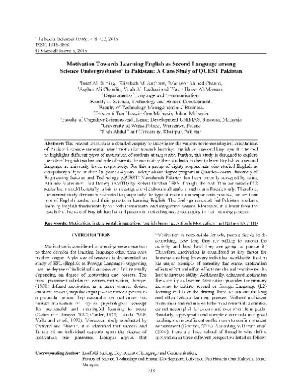 (PDF) Motivation Towards Learning English as Second Language among ...