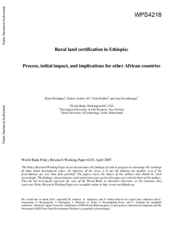 (PDF) Rural Land Certification In Ethiopia Process, Initial Impact