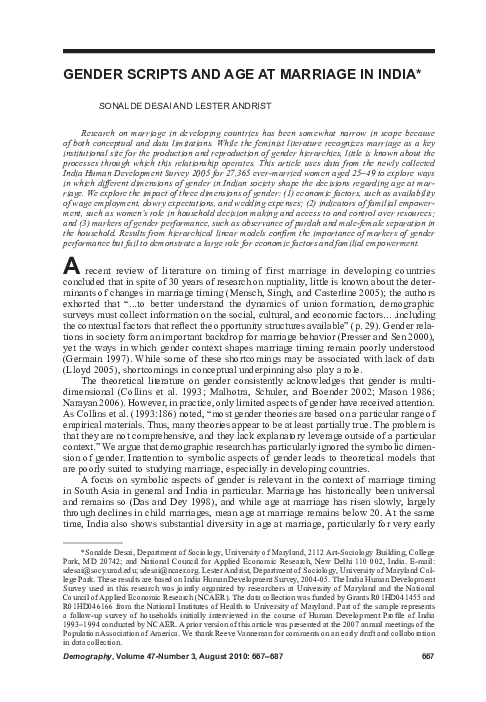 (PDF) Gender scripts and age at marriage in India