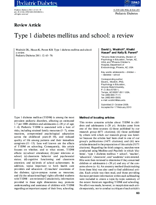(PDF) Type 1 diabetes mellitus and school: a review