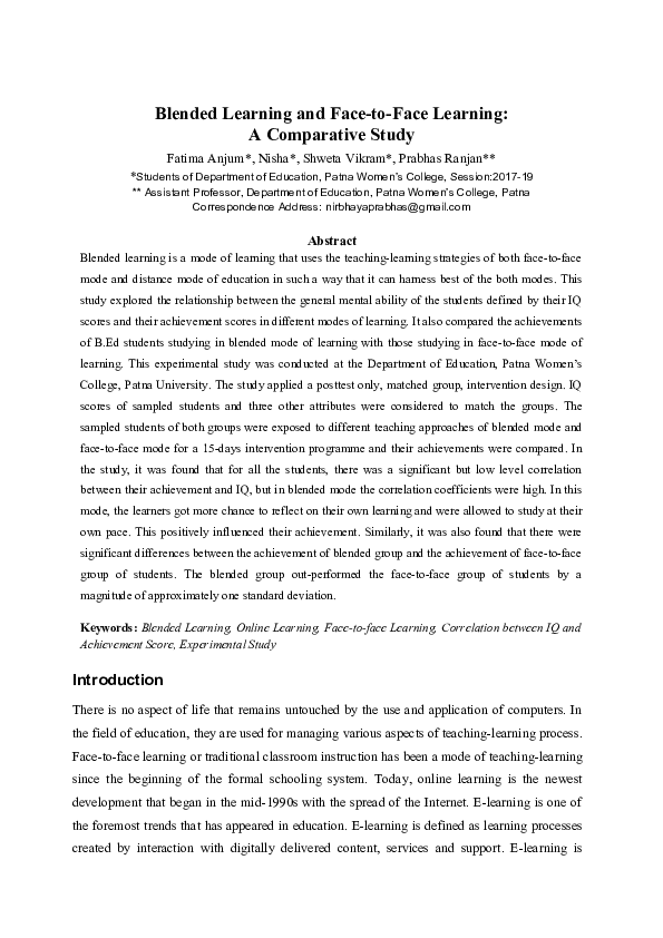 Blended Learning and Face-to-Face Learning: A Comparative Study