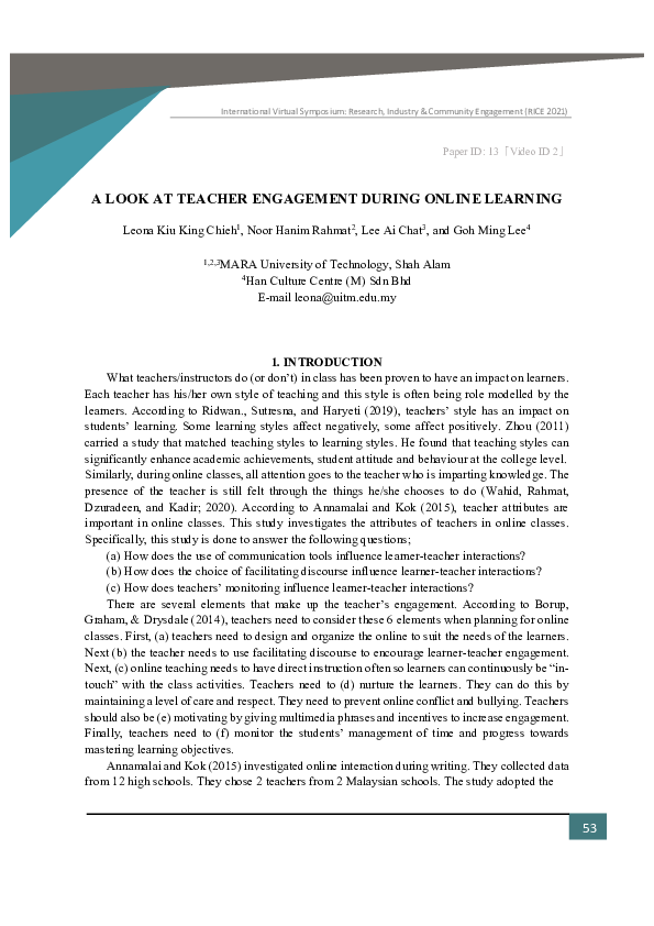 (PDF) A LOOK AT TEACHER ENGAGEMENT DURING ONLINE LEARNING