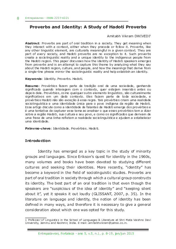 (PDF) Proverbs and Identity: A Study of Hadoti Proverbs