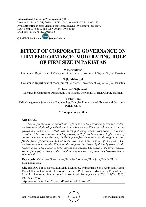 (PDF) EFFECT OF CORPORATE GOVERNANCE ON FIRM PERFORMANCE: MODERATING ...