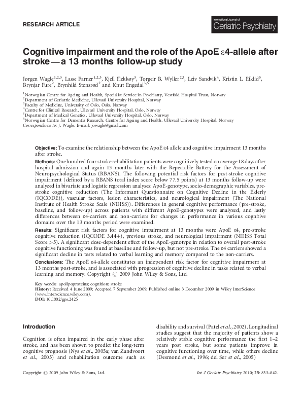 (PDF) Cognitive impairment and the role of the ApoE ε4-allele after ...