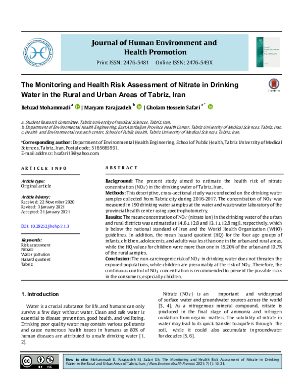 (PDF) Monitoring and Health Risk Assessment of Nitrate in Drinking ...