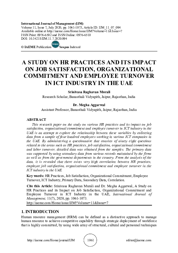 (PDF) A STUDY ON HR PRACTICES AND ITS IMPACT ON JOB SATISFACTION ...