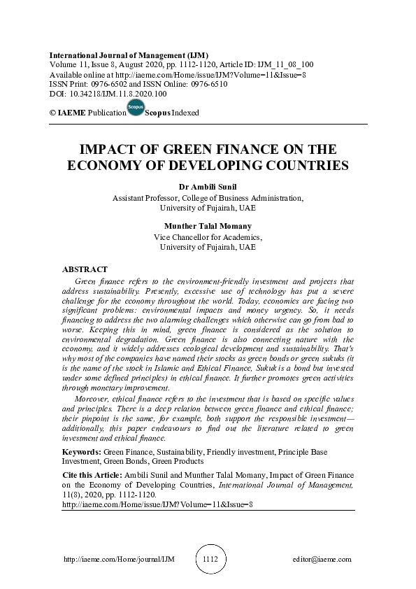 (PDF) IMPACT OF GREEN FINANCE ON THE ECONOMY OF DEVELOPING COUNTRIES