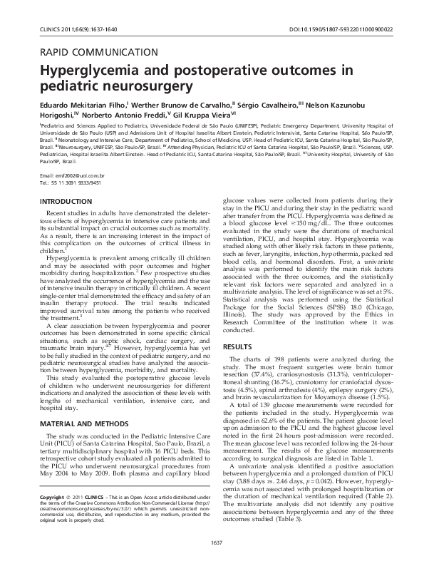 (PDF) Hyperglycemia and postoperative outcomes in pediatric neurosurgery