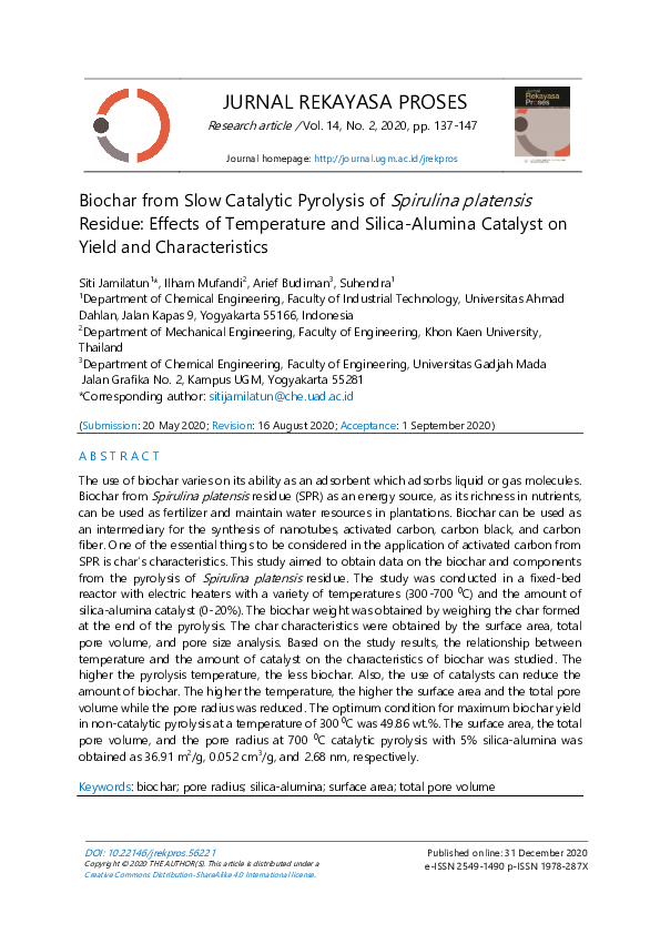 (PDF) Biochar from Slow Catalytic Pyrolysis of Spirulina platensis ...