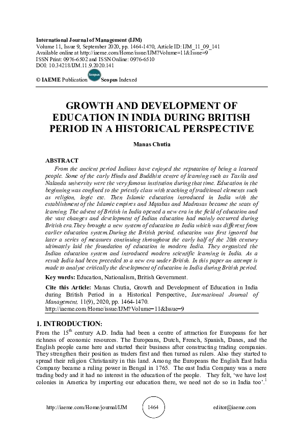 (PDF) GROWTH AND DEVELOPMENT OF EDUCATION IN INDIA DURING BRITISH ...