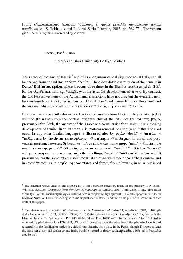 (PDF) Bactria, Bāxδī-, Balx