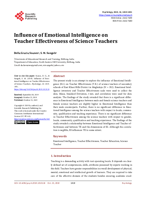 (PDF) Influence of Emotional Intelligence on Teacher Effectiveness of ...