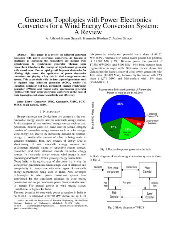 (PDF) Generator Topologies with Power Electronics Converters for a Wind