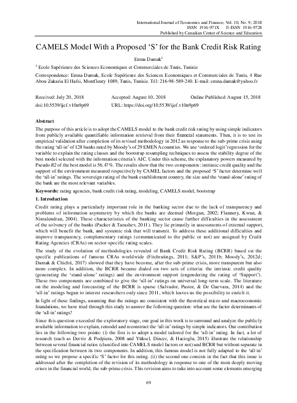 (PDF) CAMELS Model With a Proposed ‘S’ for the Bank Credit Risk Rating
