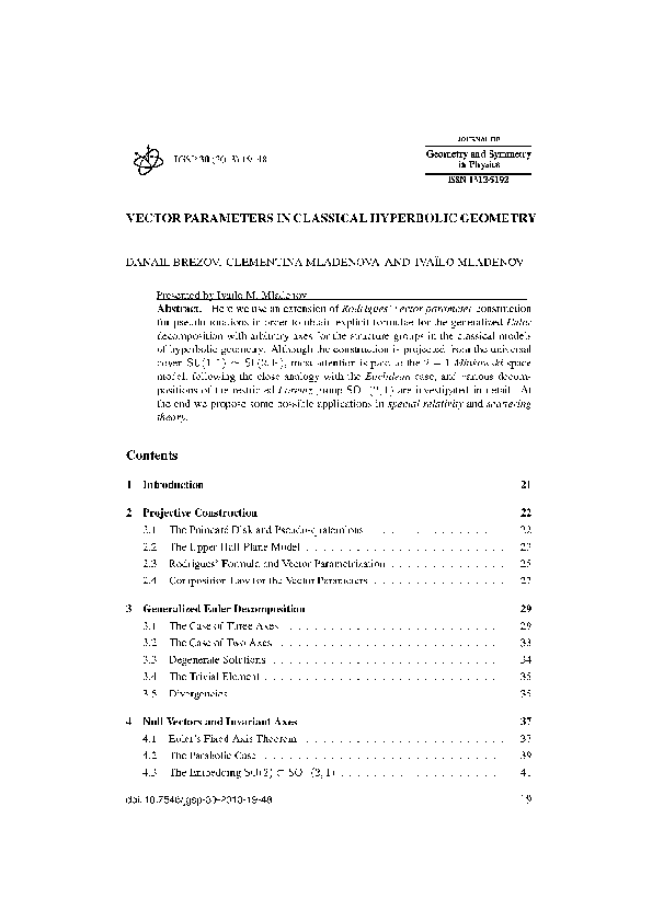 (PDF) Vector Parameters in Classical Hyperbolic Geometry