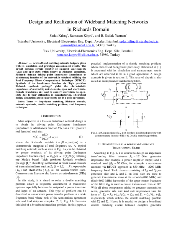 (PDF) Design and realization of wideband matching networks in Richards ...
