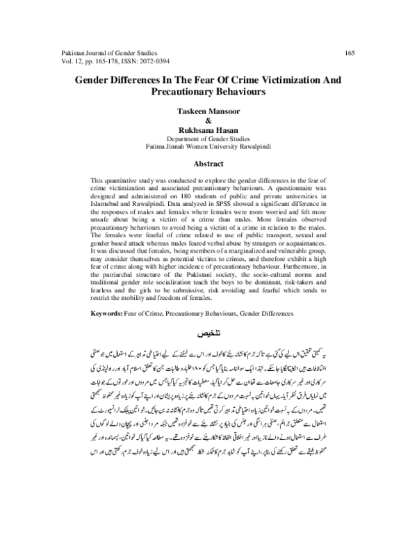 (PDF) Gender Differences In The Fear Of Crime Victimization And ...