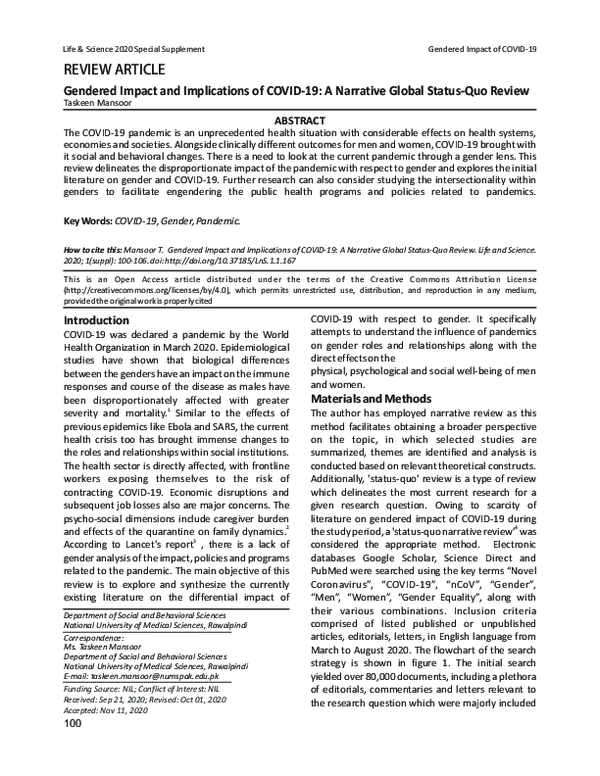 (PDF) Gendered Impact and Implications of COVID-19: A Narrative Global ...