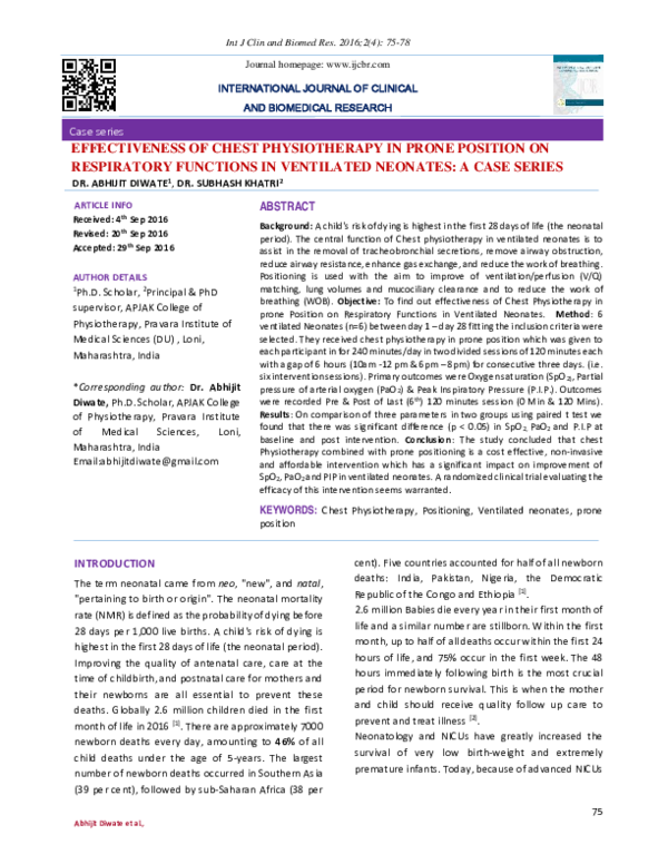 (PDF) EFFECTIVENESS OF CHEST PHYSIOTHERAPY IN PRONE POSITION ON