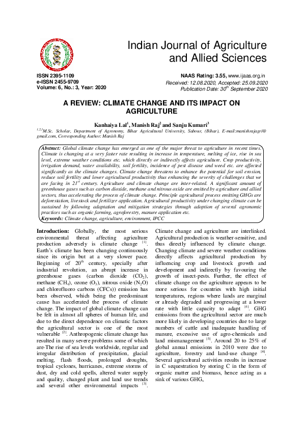 (PDF) A REVIEW: CLIMATE CHANGE AND ITS IMPACT ON AGRICULTURE