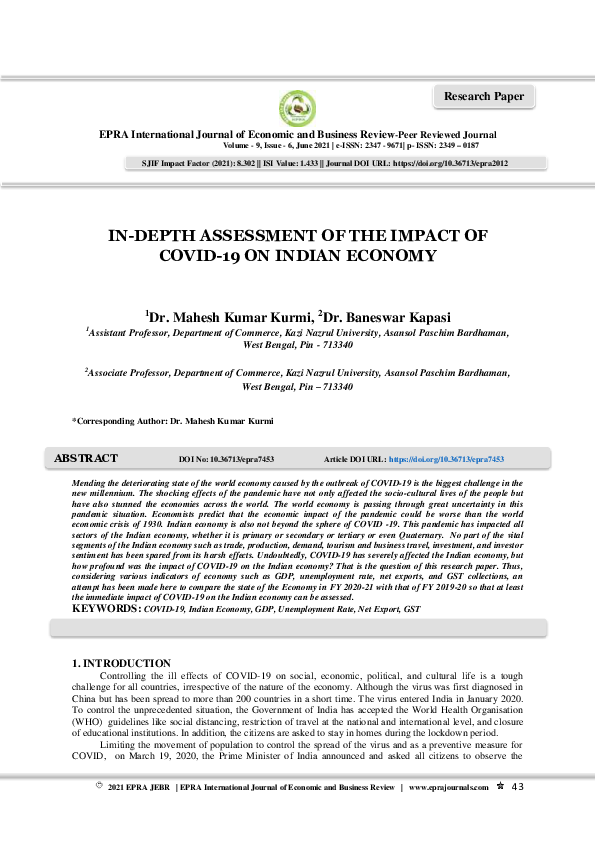 (PDF) IN-DEPTH ASSESSMENT OF THE IMPACT OF COVID-19 ON INDIAN ECONOMY