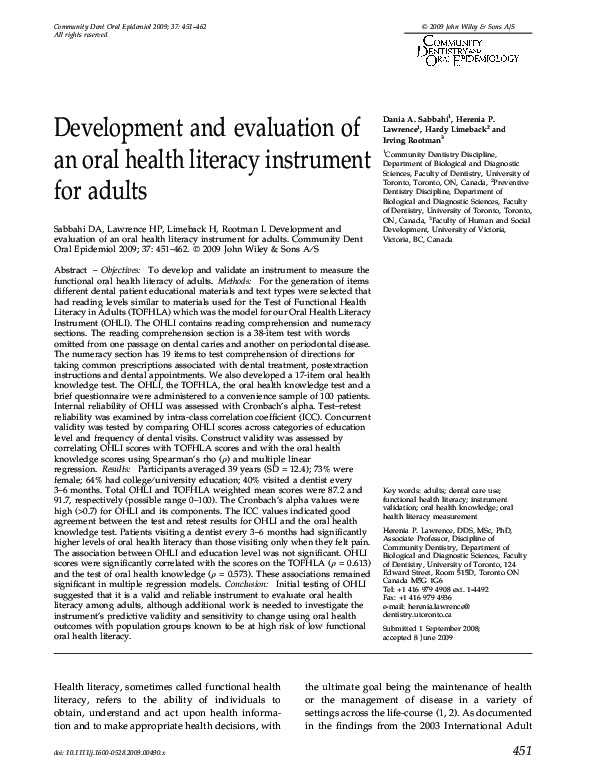 (PDF) Development and evaluation of an oral health literacy instrument ...