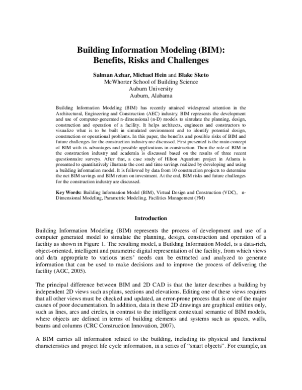 (PDF) Building information modeling (BIM): Benefits, risks and challenges