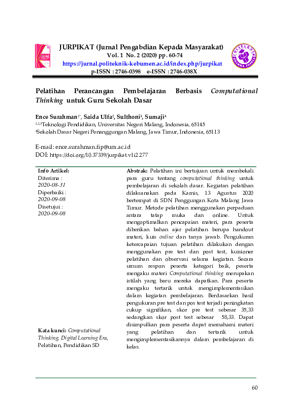 Pelatihan Perancangan Pembelajaran Berbasis Computational Thinking untuk Guru Sekolah Dasar
