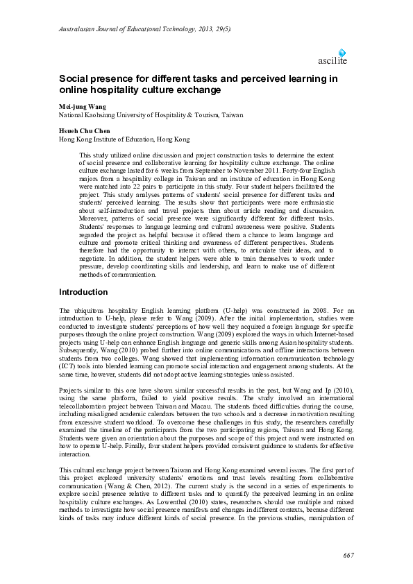 (PDF) Social presence for different tasks and perceived learning in ...