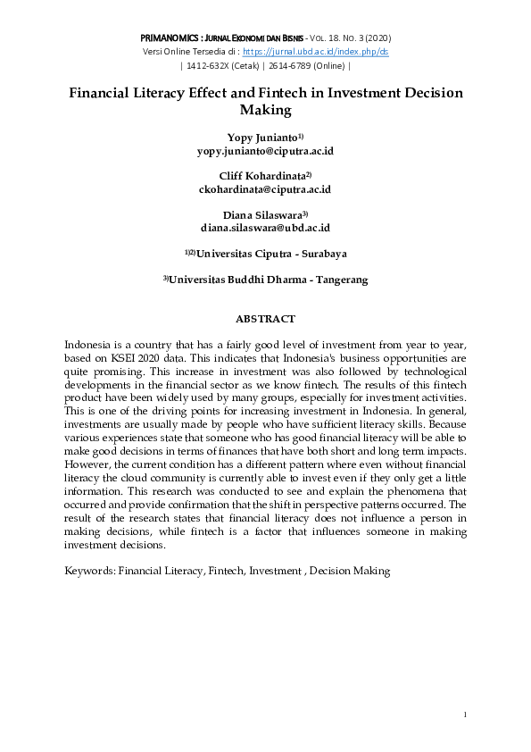 (PDF) Financial Literacy Effect and Fintech in Investment Decision Making