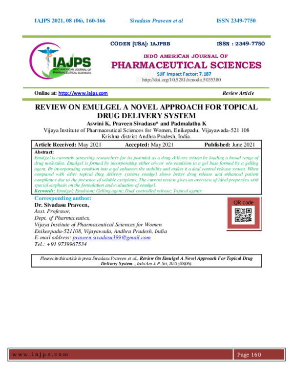 (PDF) REVIEW ON EMULGEL A NOVEL APPROACH FOR TOPICAL DRUG DELIVERY SYSTEM