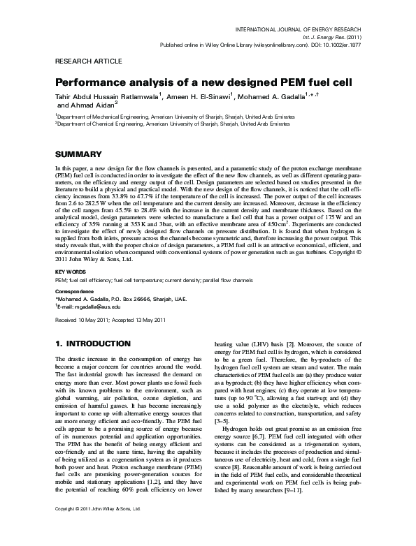 (PDF) Performance analysis of a new designed PEM fuel cell | Tahir ...