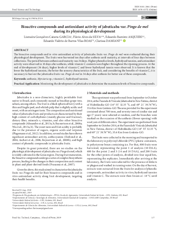 (PDF) Bioactive compounds and antioxidant activity of jabuticaba var ...