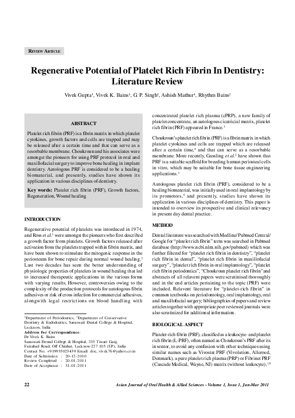 (PDF) Regenerative Potential of Platelet Rich Fibrin (PRF) for Curing ...